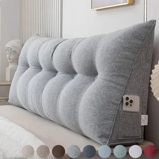 Rückenkissen Bett 80cm Grau, Leinen Rückenlehne Kissen, Keilkissen Bett kopfteil, Waschbar Abnehmbar Lesekissen für Bett und Sofa, Rückenstützkissen Lendenkissen mit Seitentasche