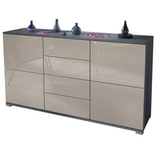 Vladon Sideboard Rova V1 (Kommode mit 4 Türen, 4 Schubladen, Made in Germany), Anthrazit matt/Sandgrau Hochglanz (138,5 x 75,5 x 35) grau