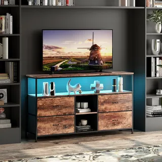 TV Schrank mit LED-Leuchten 137×30×78cm, Fernsehtisch mit 5 Schubladen, 3 offenen Fächern, TV Lowboard mit verstellbarem Glasregal Stand für Wohnzimmer, Schlafzimmer, Braun (Braun, 137 × 30 × 78 cm)