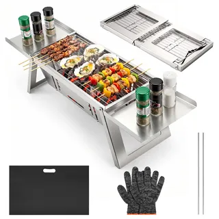 Kleiner Tragbarer Camping Holzkohlegrill, Mini tischgrill holzkohle mit 4-stufiger Hitzeverstellung, reise Klappgrill für Outdoor, Camping, Garten, picknick, Strand & Party Barbecue