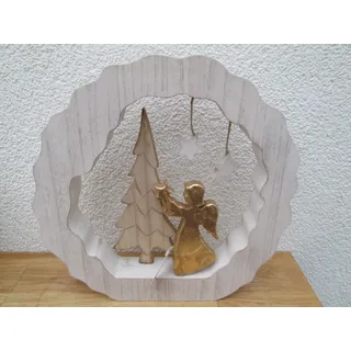 Aufsteller Engel mit Baum im Kreis aus Holz Natur, Gold Deko Wohnen Weihnachten