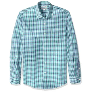 Amazon Essentials Herren Langärmeliges Business Hemd aus Popeline Schmale Passform, Blau Grün Vichy-muster, S