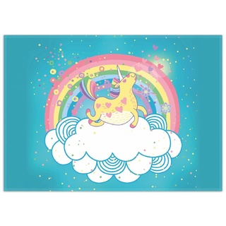 Teppich Lustiges Einhorn auf einer Wolke vor Regenbogen, Wallario, rechteckig, rutschfest 50 cm x 70 cm