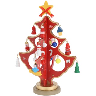 Holzbaum Weihnachten Holz-Weihnachtsbaum Tannenbaum mit Miniatur-Anhängern, Geschenk Weihnachtsdekoration Tischdekoration künstlicher Christbaum (Rot - 18cm)