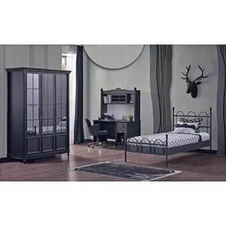 xlmoebel Komplettzimmer Schlafzimmer Bett, Schrank Schreibtisch, Schwarzes Zimmer 3tlg