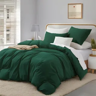 Gezu Bettwäsche 155x220 Baumwolle Grün 3 Teilig Dunkelgrün Leinenfarbe Uni Unifarben Doppelbett Bettwäsche Set Weiche Baumwollgefühl Bettbezug und Kissenbezüge 80x80cm mit Reissverschluss