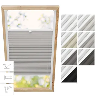 Estika Dachfenster-Plissee mit Bohren – Verdunkelung & Thermo, für Fakro-Fenster Modell 78/140, Stofffarbe Hellgrau-Weiß – Dachfensterrollo, Innenrollo, Fensterplissee