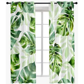 Hiseng Voile Vorhänge mit Ösen Durchsichtig Halbtransparent Ösenvorhang für Fenster Wohnzimmer Schlafzimmer Transparent Gardine 2er Set -3D Tropische Blätter Druck (grün,107x160cm)