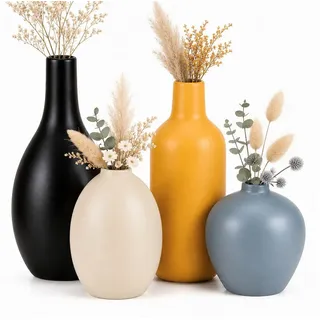 BlingBin Tischvase Keramik-Vasenset, Dekovasen, 4 Größen, für Tischdeko (4er-Set, 4 St., 4 Größen (H): 19,5 × 8 cm; 17 × 6,5 cm; 12 × 8 cm; 10 × 8 cm), 4 Farben Vasen für Getrocknete Blumen und Pampasgras, Wohnaccessoire beige|blau|gelb|schwarz