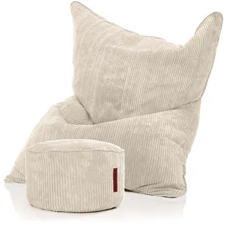 Green Bean Sitzsack + Pouf im Set - XXL Riesensitzsack mit passenden Fußhocker | EPS Füllung Bean Bag Bodenkissen Liegekissen Sitzkissen Indoor Drinnen Waschbar Beige