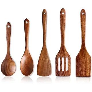 Kochlöffel Holz Küchenutensilien Set Pfannenwender Holz Kochutensilien | Holzlöffel Akazienholz Küchenhelfer Pfannenwender Set Kochbesteck Suppenlöffel Kitchen Utensils Küchengeräte und-zubehör