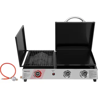 Royal Gourmet 3 Brenner Gasgrill, 3 in 1 Tischgrill mit Grillen, Braten, Kochen, Campinggrill mit Klappbare Seitenablage, Tragbarer Picknickgrill