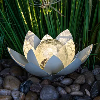 Spetebo LED Solar Lotusblüte mit Crackleglas Kugel - 25 x 11 cm - Deko Kugelleuchte für den Garten - Outdoor Gartenkugel Dekoleuchte Lotus Solarlampe Gartendeko Bruchglas Design