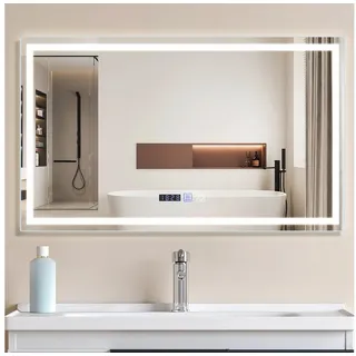 ZMH Badspiegel mit Beleuchtung, LED Badezimmerspiegel 3 Lichtfarben dimmbar, Touch-Schalter, Uhr, Anti-Beschlag, Wandspiegel 60 cm x 100 cm