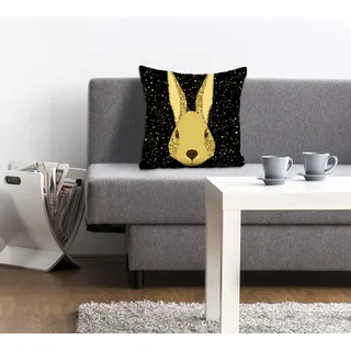 Dekokissen QUEENCE "Ares", schwarz (goldstaub, schwarz, bedruckt), B:40cm L:40cm, Polyester, Dekokissen_Sitzkissen_Kissenhüllen, mit einem Hasen im Weltraum