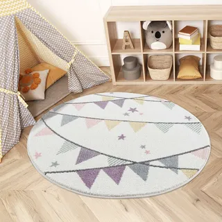 Carpet City Kinderteppich Kinderzimmer Creme Lila - 160 cm Rund - Wimpel-Motiv - Kinderzimmerteppiche Mädchen - Babyzimmer-Teppich - Spielteppich