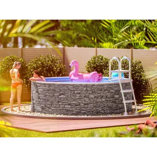poolomio® Stahlwandpool rund 360 x 120 cm Steinoptik | Robuster Gartenpool als Aufstellbecken oder Einbaupool | Aufstellpool Komplettset mit Innenfolie 0,5 mm, Skimmer & Einlaufdüse