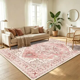 WUTONG Vintage Rosa Teppich Wohnzimmer 120x160 cm,Orientalischer Teppich Waschbar rutschfest Kurzflor,Perfekt für Mädchenzimmer Kinderzimmer,Retro Boho Stil