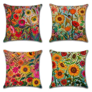 Kissenbezug 35x35 cm 4er Set Leinen Outdoor Kissen Gelb Sonnenblume Sofakissen Dekorative Kissenbezüge mit Verstecktem Reißverschluss für drinnen und draußen Perfekte Deko Kissen für Wohnzimmer Garten