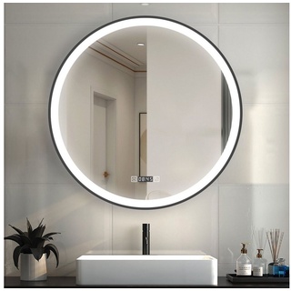 duschspa Badspiegel Badezimmerspiegel Rund Spiegel mit LED Beleuchtung, Φ 50-100 cm Schwarz-Rahmen+Uhr+Wand/Touch+Memory+Dimm+Beschlagfrei - Ø 60 cm