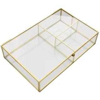 Glas Schmuckkästchen mit Deckel und Lippenstiftfach für Schreibtisch | Schmuckaufbewahrung Durchsichtig, Messing und Glas, Klassisch Vintage Elegant, für Frauen und Mädchen