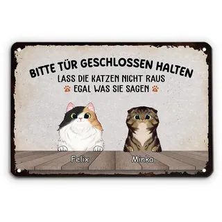 Geschenke Mall Türschild Personalisiert - Bitte Tür Geschlossen Halten - Schild selbst gestalten, Türschild für Katzenbeliebhaber, blechschilder sprüche, schild personalisiert outdoor (2 Katzen)