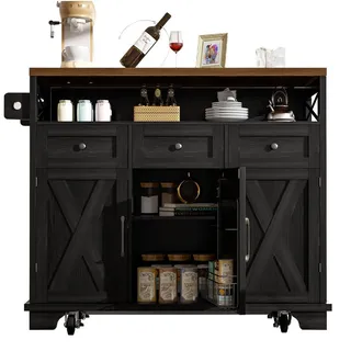 Okwish Kücheninsel Schwarz Holzwerkstoff, 118x98x43 cm, Küchen, Küchenmöbel, Kücheninseln