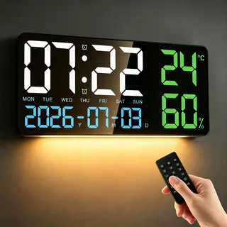 Focenat 15" Digitale Wanduhr Groß, LED Wand Uhr mit Fernbedienung, 3-Farben Display, 7 Nachtlicht, Dimmbar, Wecker, Timer, Temperatur, Datum, 12/24H, Wanduhr Digital für Wohnzimmer Schlafzimmer Büro
