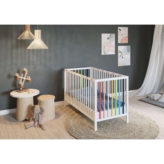 Babyhafen Kinderbett Babybett 60×120 cm mit Matratze Gitterbett Rainbow (Set, Bett und Matratze), Massivholz weiß