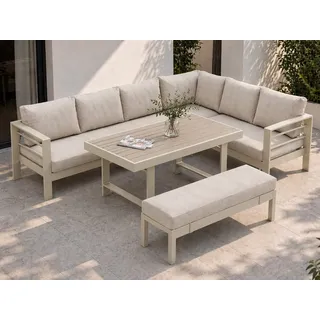 MeXo Gartenlounge-Set XXL Gartenmöbel Set Aluminium für 6-8 Personen, (Dining Loungeset Outdoor, 5-tlg., mit 12 cm dicken Sitzkissen, pflegeleichte Polywood-Tischplatte), wetterfeste Ecklounge mit Esstisch beige