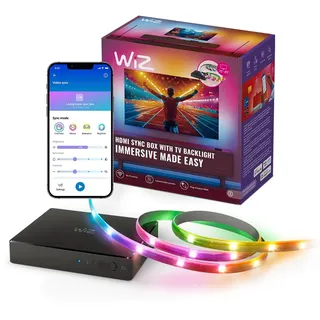 WiZ HDMI Sync Box mit TV-Beleuchtung - Synchronisiert Licht zu Ihren Filmen, Spielen und Musik -HDMI 2.0 - RGBIC LED Strip für 75"-85" Zoll TVs - App/Sprachsteuerung, funktioniert mit Google und Alexa