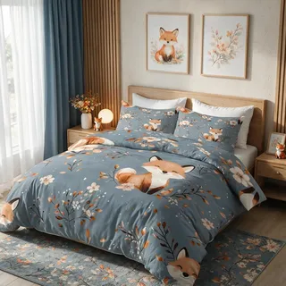 Generisch 135x200 Bettwäsche Fuchs Bettbezug - 2tlg, 1 Kissenbezug 80x80, Süß Tiere Muster, Schlafzimmer Deko, Weiche Mikrofaser Wendebettwäsche mit Reißverschluss - HOC571