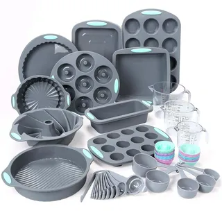 Tongjude 54 Stück Silikon-Backformen Set, 10 Silikon-Kuchenformen, Brotbackform und Muffinformen, Antihaft-Backform, mit Messbecher und Löffel Set, grau