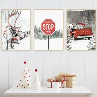CULASIGN 3er Weihnachten Poster Set, Moderne Winter Wandbilder, Premium Bilder Kunstdrucke Schnee, Rentier, Rot Auto, OHNE Rahmen, Wanddeko Wohnzimmer & Schlafzimmer (DEF,30x40cm)