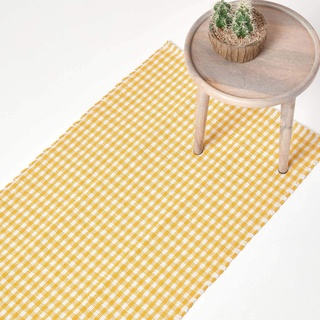 Homescapes Karierter Teppich/Läufer Gingham 66 x 200 cm, waschbarer Baumwollteppich mit Karo-Muster im Landhausstil, 100% Baumwolle, gelb