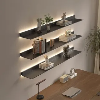 cendbirut LED-Regale, schwebende Wandregale mit LED, an der Wand montiertes Wandregal, LED-Regal, Metall-Ausstellungsregale für das Homeoffice, gewerbliche Bar,Schwarz,60x23cm
