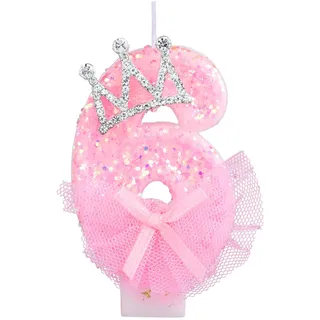 Geburtstag Nummer Kerzen, 7,5cm Kronenschleifen-Netzkerze Glitzernde Rosa Zahlenkerzen Tortenaufsatz Geburtstagskerzen Nummer mit Pailletten für Jubiläumsfeiern (Zahl 6)