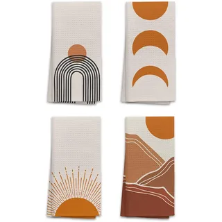 OHSUL Abstrakte Boho-Terrakotta, Sonne, Sonnenschein, Mondphase, Regenbogen, Berg, sehr saugfähig, Küchentücher, Geschirrtuch, 4er-Set, Boho-Handtücher, Geschirrtuch für Badezimmer, Küche, Dekor