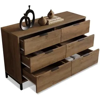STILVORA Kommode Sideboard 120x40x76 cm mit 6 Schubladen in Dunkle Eiche Metallgestell und Griffe, industrielles Design, viel Stauraum, verstellbare Füße