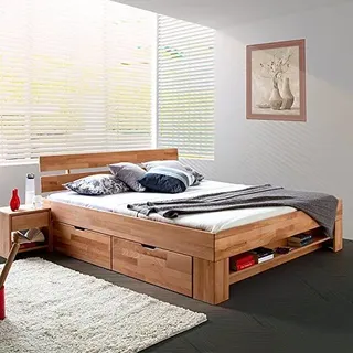 moebelstore24 Bett Futonbett Kernbuche-massiv geölt 140x200 cm inkl. 4 Bettkasten auf Rollen und Fußteilregal Sofie