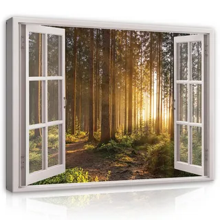 WallArena - Leinwand Bilder - Fensterbilck Wald Sonne Natur Landschaft - 80x60 cm Leinwandbilder - Bild auf leinwand - Wandbild XXL groß Wandbilder für Wohnzimmer Schlafzimmer Wohnzimmerbilder Modern