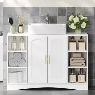 HEXCELEN Waschbeckenunterschrank, Badezimmerschrank, 30 × 90 × 61,2 cm, Waschtischunterschrank mit 2 Türen, 6 Offenes Fach, Badschrank, Verstellbare Ablage, Viel Stauraum, Weiß