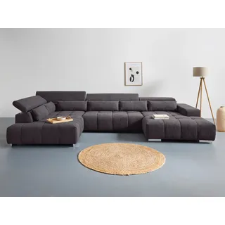 Cotta Wohnlandschaft COTTA "Orion U-Form, B: 409 cm", braun (mud), B:409cm H:73cm T:225cm, 100% Polyester, Sofas, Wohnlandschaft, mit Kopfteilverstellung & 6 Nierenkissen