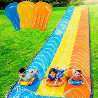 Aufblasbare Dreifach-Wasserrutsche 6,85 m mit 3 Bodyboards Kinder Erwachsene Gartenrutsche Sommer Wasserspielzeug
