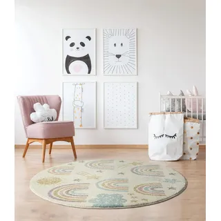 the carpet Beat Kids Moderner Weicher Kinderteppich, Weicher Flor, Pflegeleicht, Farbecht, Regenbogen Muster, Creme-Mix, 160 cm Rund