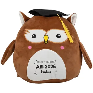 Herz & Heim® Personalisierte Kuscheltier Eule zum Abschluss – Stofftier Eule mit Name oder Wunschtext – Geschenk oder Glücksbringer zum Abitur, Studium & Schulabschluss (Wunschtext)