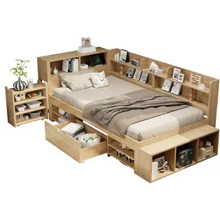Multifunktionales Stauraumbett 90x200 cm Holzoptik mit Lattenrost Schubladen Regalen und Schrankelementen platzsparendes Funktionsbett Natürlich