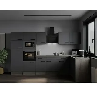 Respekta Olivia Winkelküche  (172 x 340 cm, Grau, Farbe Arbeitsplatte: Eiche York Nachbildung, Mit Elektrogeräten, Schwarze Griffe)