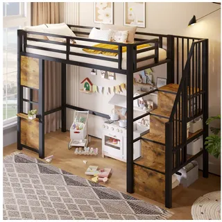 SOFTWEARY Hochbett mit Lattenrost und Stauraum (90x200 cm, mit Fenster und Stauraumtreppe) Kinderbett mit Rausfallschutz, Metallbett schwarz 95 cm x 255 cm x 170 cm