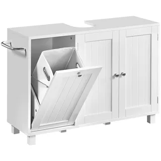Yaheetech Waschbeckenunterschrank Badunterschrank mit 3 Türen und Verstellbarem Einlegeboden 90 cm L × 30 cm B × 62,5 cm H Unterschrank mit Integriertem Wäschekorb weiß